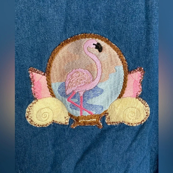 Vintage Bugle Boy Denim Shirt w/ Flamingo Appliqué on Back Sz Large - Picture 6 of 8